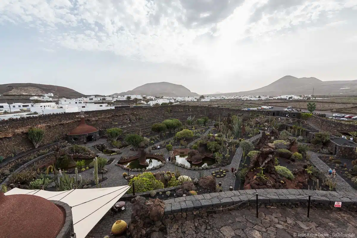 Blick über den gesamten Jardin de Cactus und die Vulkanlandschaft