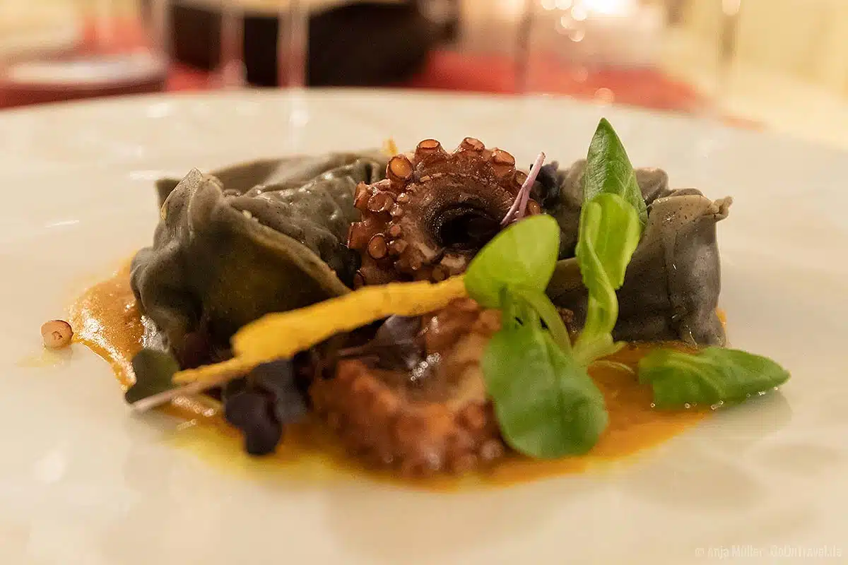 Hanf-Ravioli mit Lachs gefüllt auf Krustentierschaum Hanf-Ravioli mit Lachs gefüllt auf Krustentierschaum