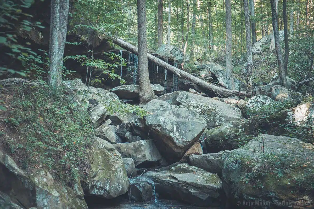 Hinter Felsen versteckt liegen die Emory Gap Falls Hinter Felsen versteckt liegen die Emory Gap Falls